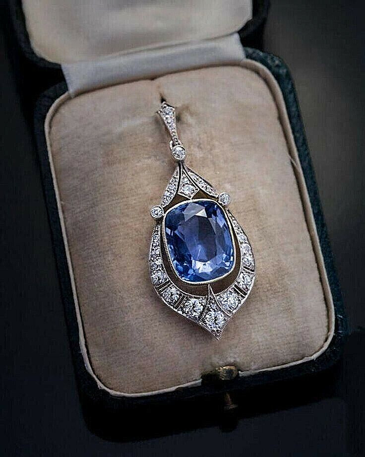 Vintage Art Deco Style 13Ct Blue Sapphire Lab-Created Diamond Pendant 925 Silver