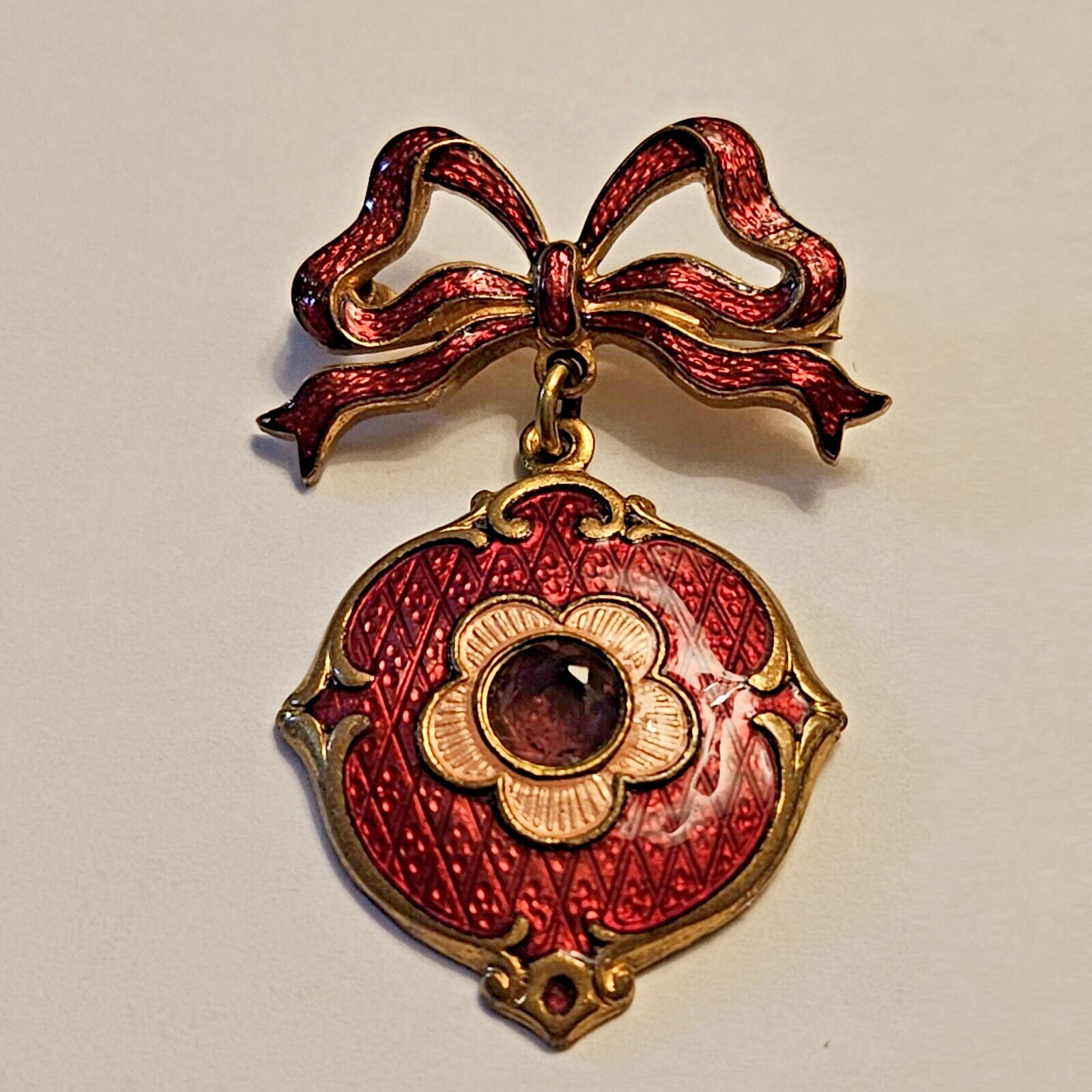Antique Victorian Red Guilloche Enamel Bow & Medallion Dangle Brooch 1.75 Inches