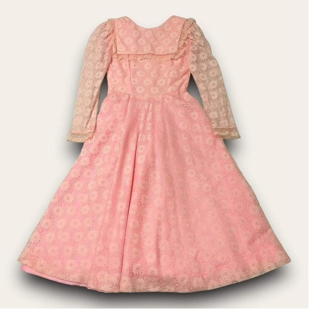 Vintage Pink Floral Lace Prairie Maxi Dress Cottagecore Prom Size S ? 29” Bust