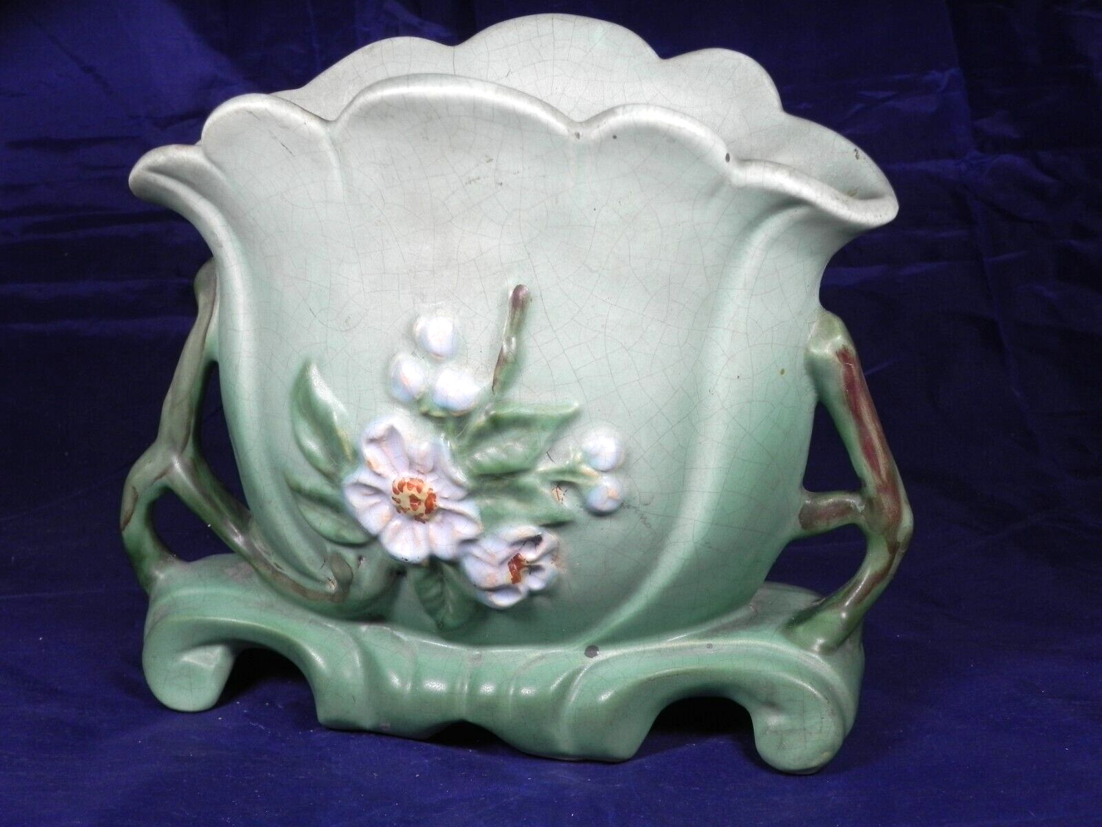 Vtg. Green Weller Art Pottery G-14 Gloria Double Handle Twig Branches Fan Vase