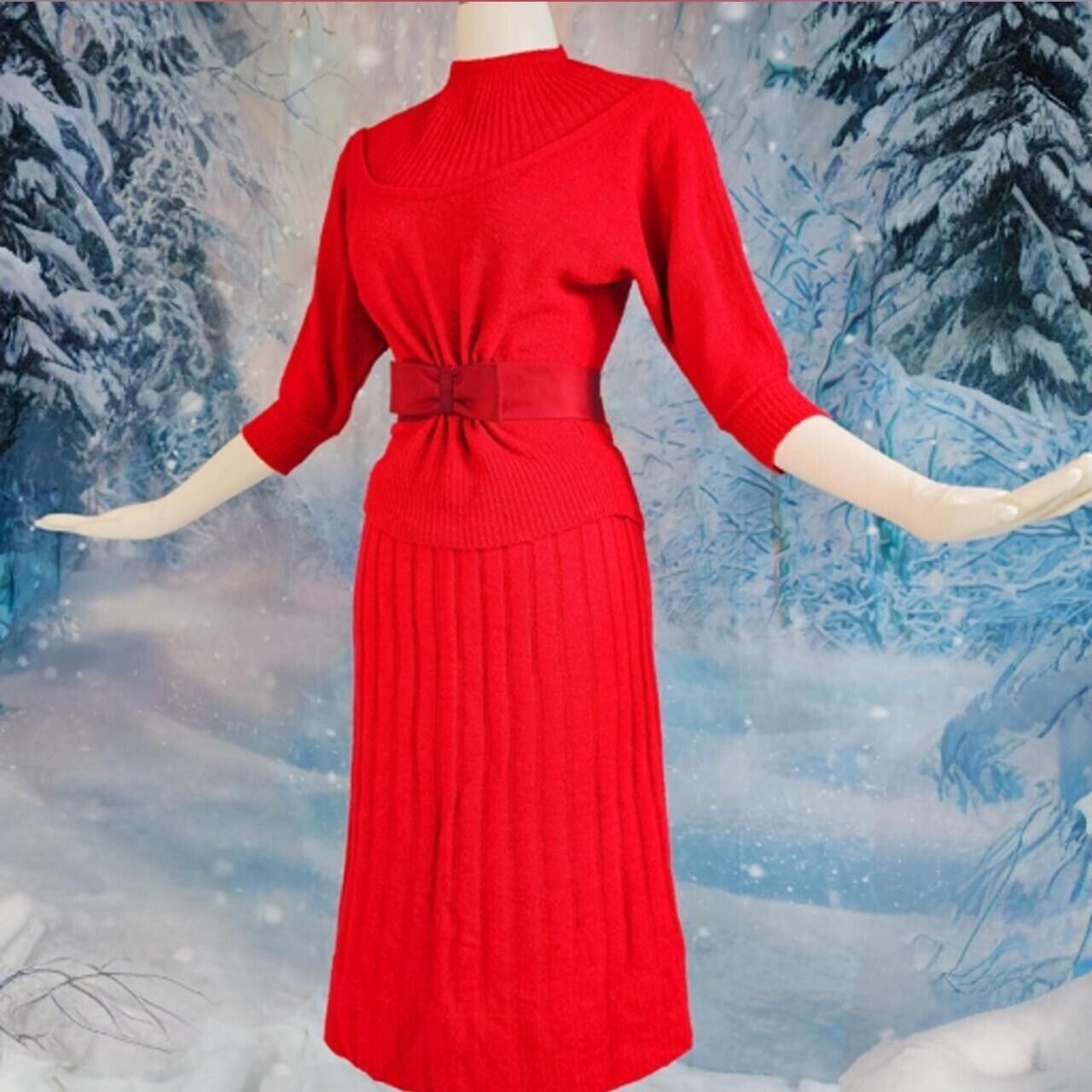 Vintage 1950s Bradley Knitwear Bright Red Knit 2 Pc Sweater Dress Set Pin Up
