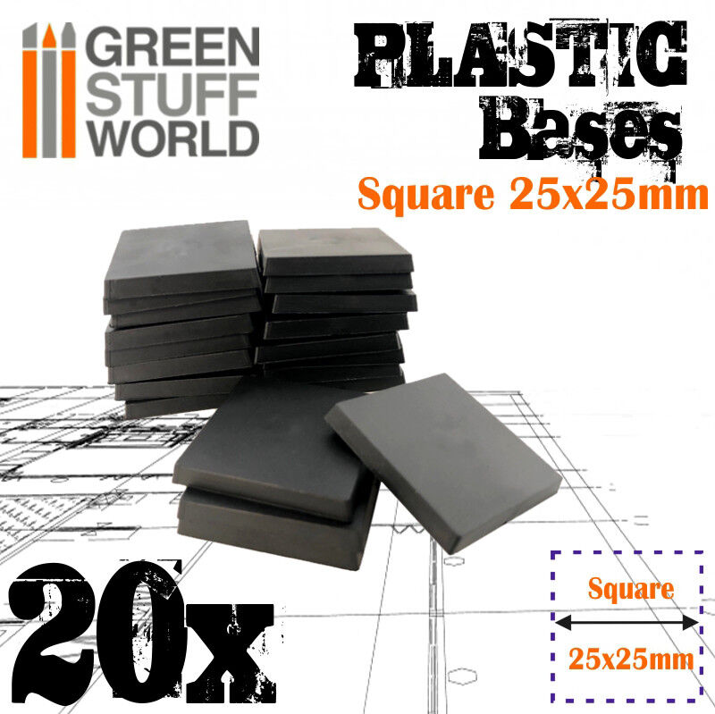 20x Plastic Square Bases 25x25mm - Black Basing Wargames Miniatures Warhammer