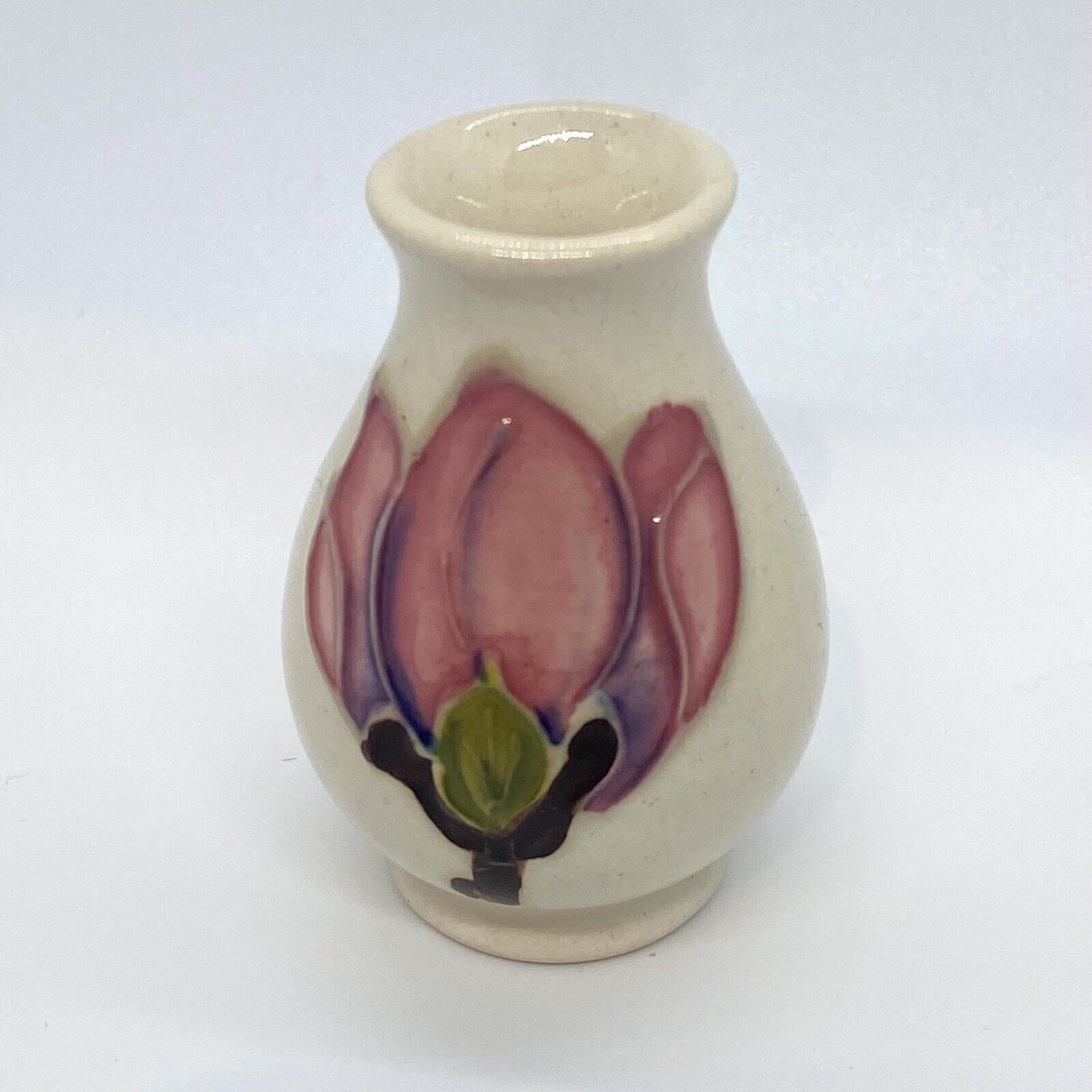 Vintage William Moorcroft Small Vase Floral Magnolia Tulip Glazed 4” Collector