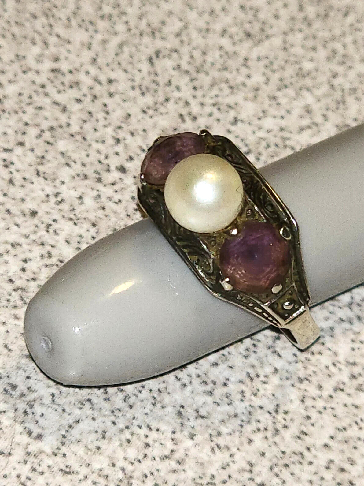 Vintage Marcasite, Cultured Pearl, and Amethyst Sterling Silver Ring, Size 6.25