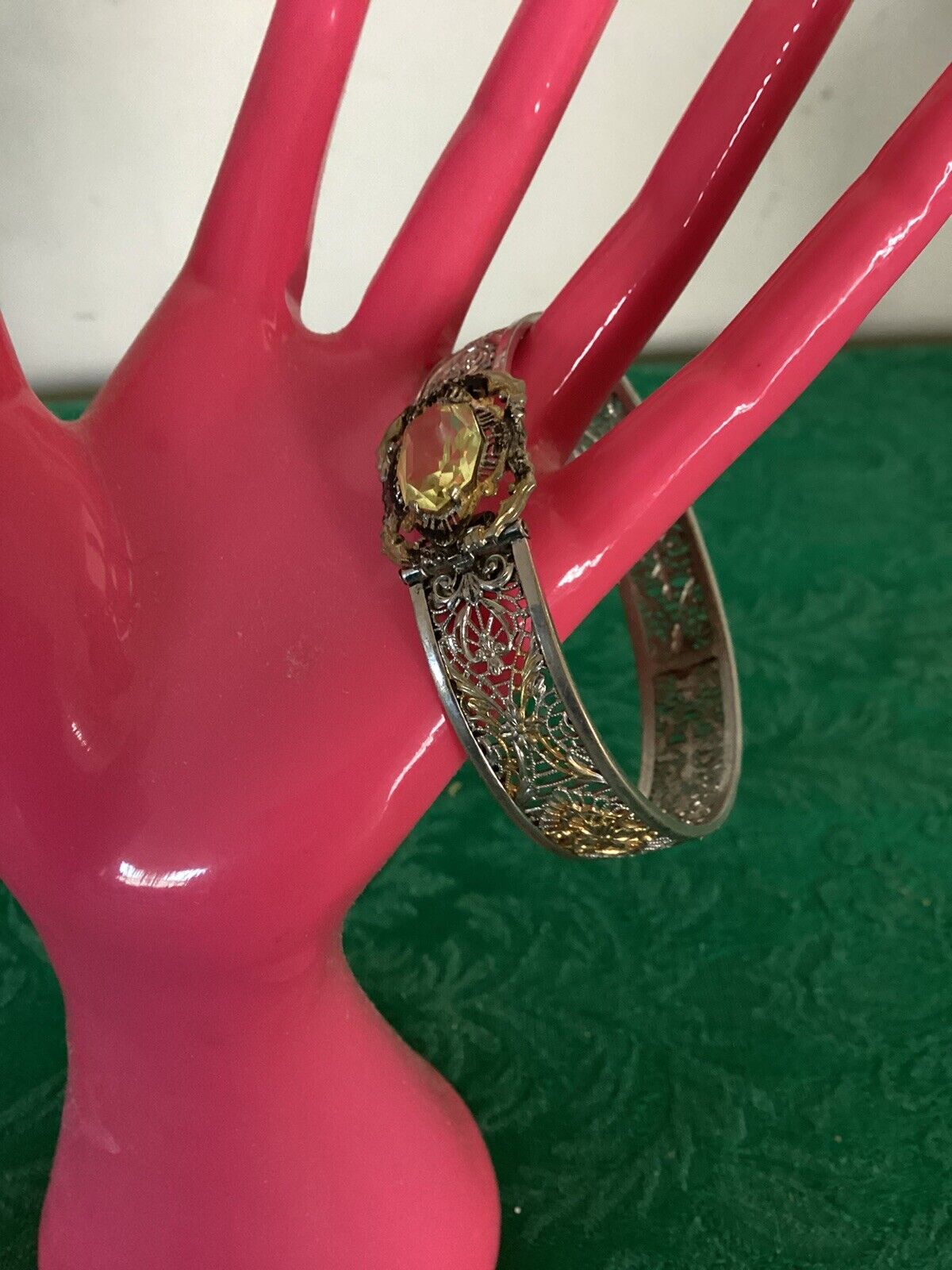 Atq Art Deco Nouveau Edwardian Gold Rhodium Green Gemstone Filigree Bracelet