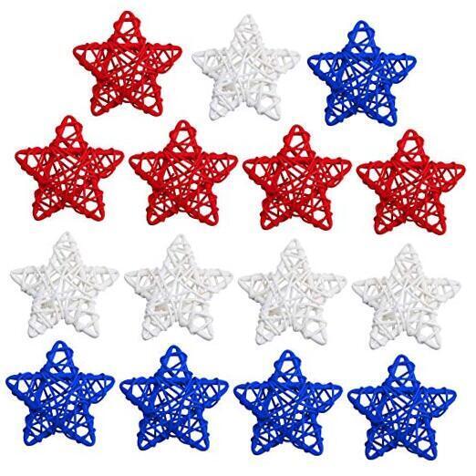 STMK 15 Pcs 4th of July Star Shaped Rattan 2.36 Inch 15 Pcs Red, White and Blue