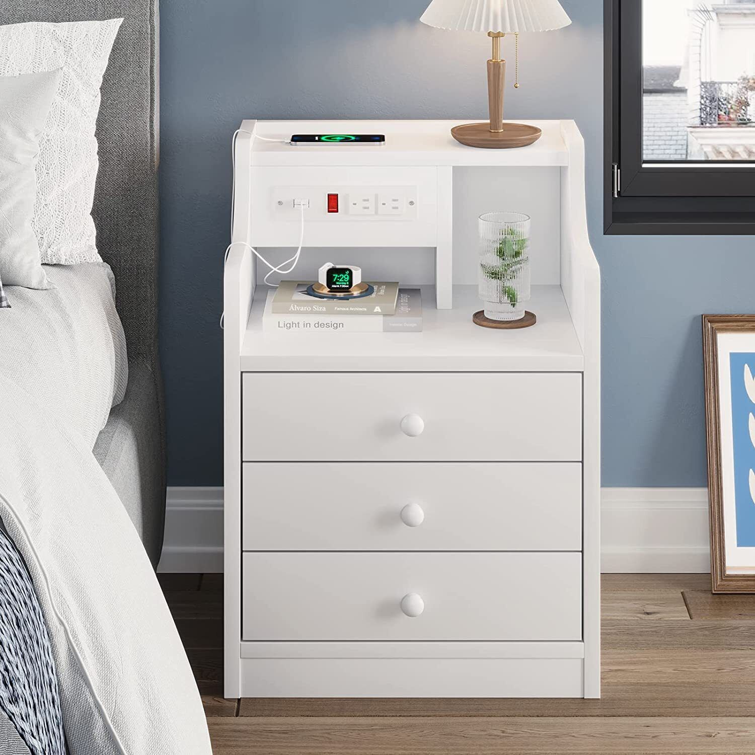 Nightstand with Charging Station & Storage Drawers Bedside Table Sofa End Table