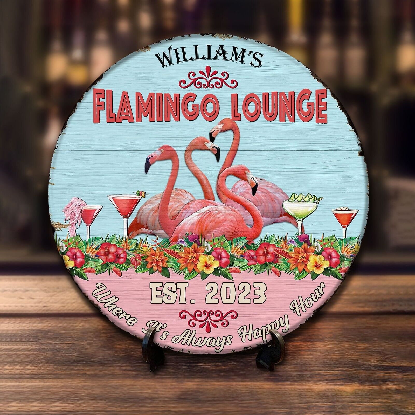 Custom Flamingo Lounge Sign, Pink Flamingo Gifts, Tiki Bar Wooden Sign