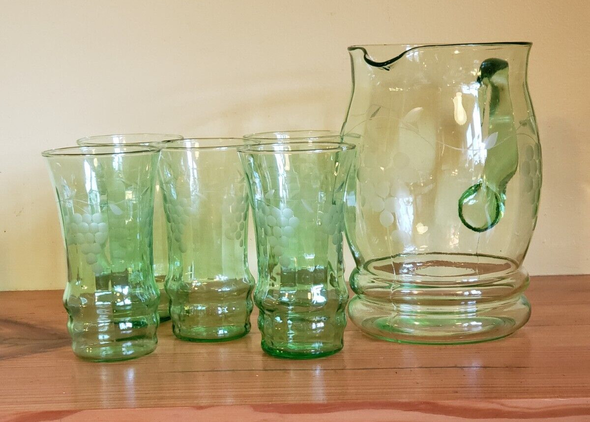 Vintage Green Uranium Depression Glass Water Pitcher w/ 5 Glasses Etched Grapes
