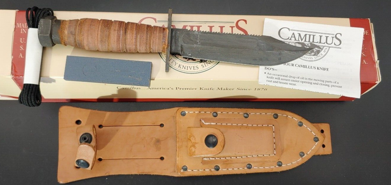Camillus Pilot Survival Knife /w Box Leather Sheath String Stone Papers NOS A6
