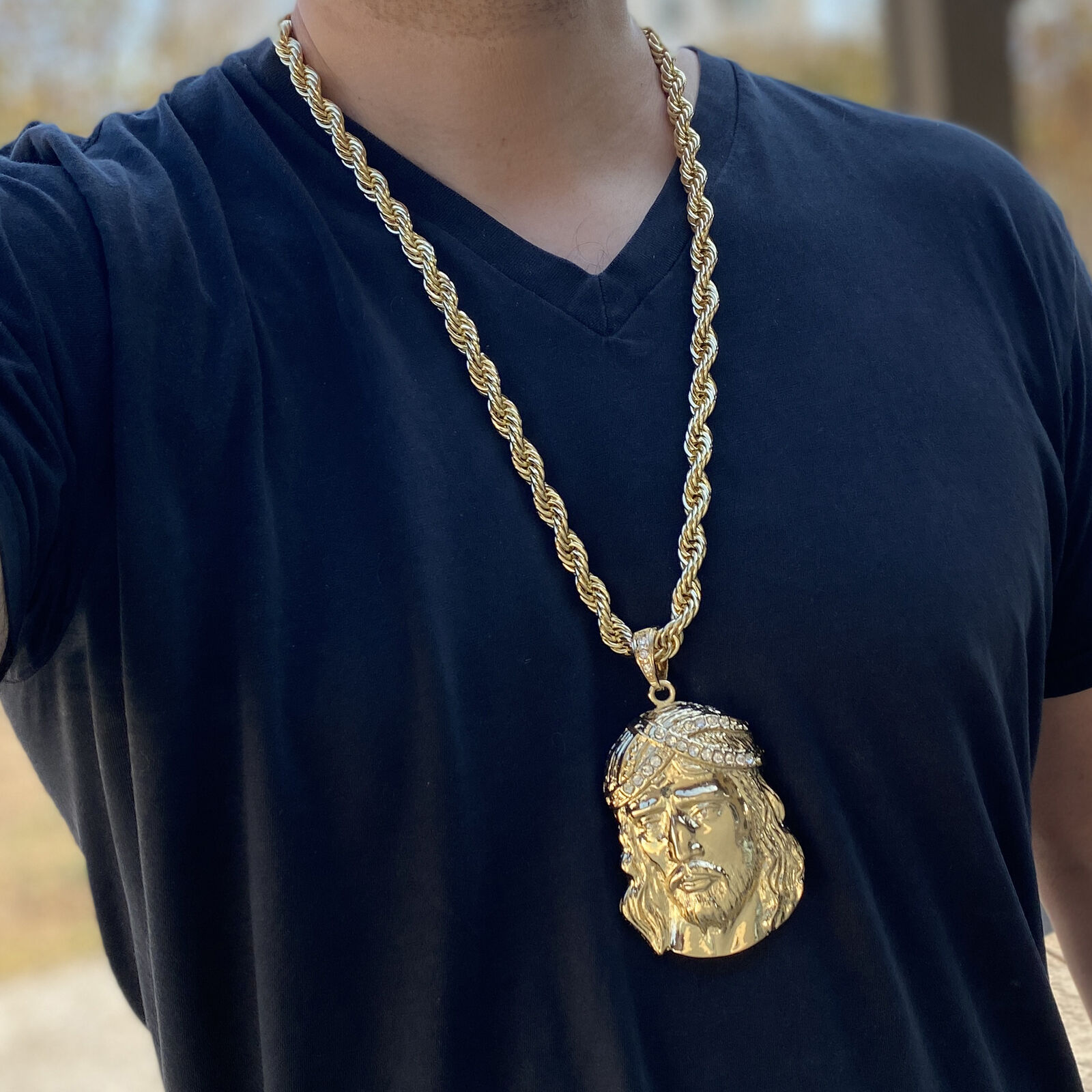Mens Huge Jumbo Jesus Head Iced CZ Gold Plated Rope Chain Necklace 10MM 30\