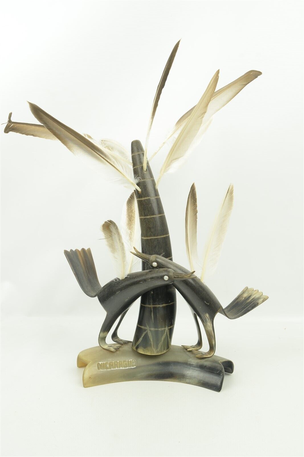 Nicaraguan Folk Art Birds Sculpture Vintage Unusual Carved Water Buffalo Horn