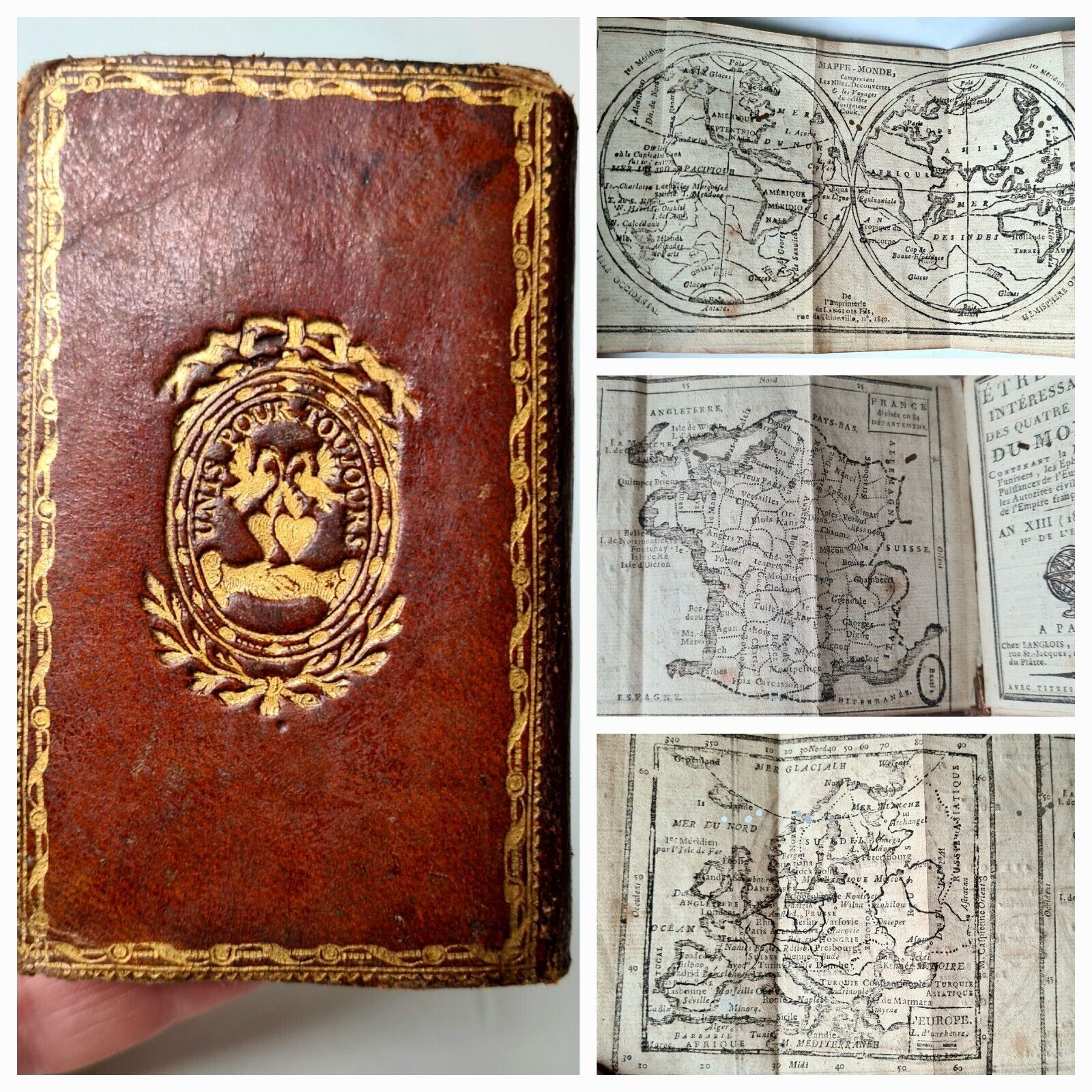 [miniature books] Old & rare French Almanac 1805 in fine binding & world-maps
