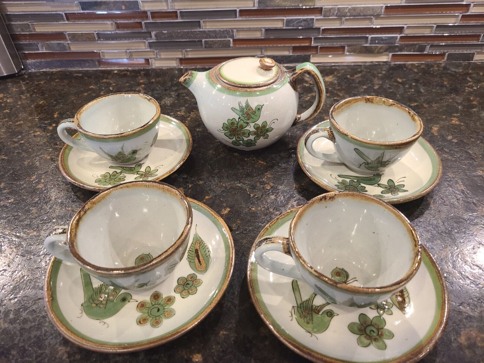El Palomar Ken Edwards Mexican Pottery  4 Cups & Saucers & Teapot  Butterfly 