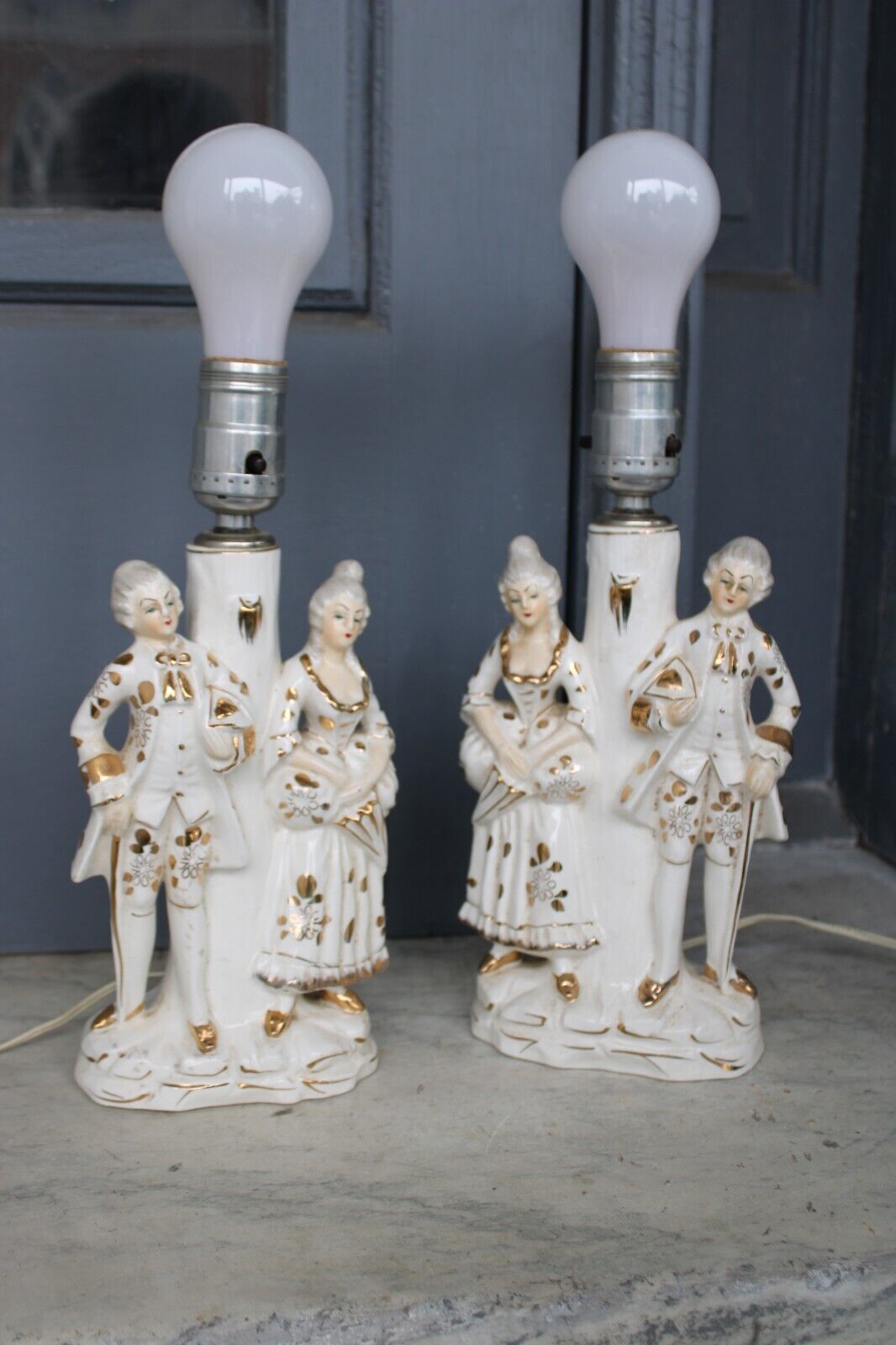 Pair Vintage French Figural White/Gold Lamps Japan Nice