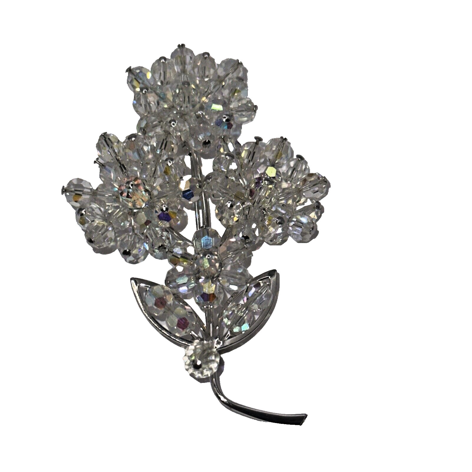 Vintage 50\'s era Large Silver Tone Aurora Borealis Cluster Floral Brooch