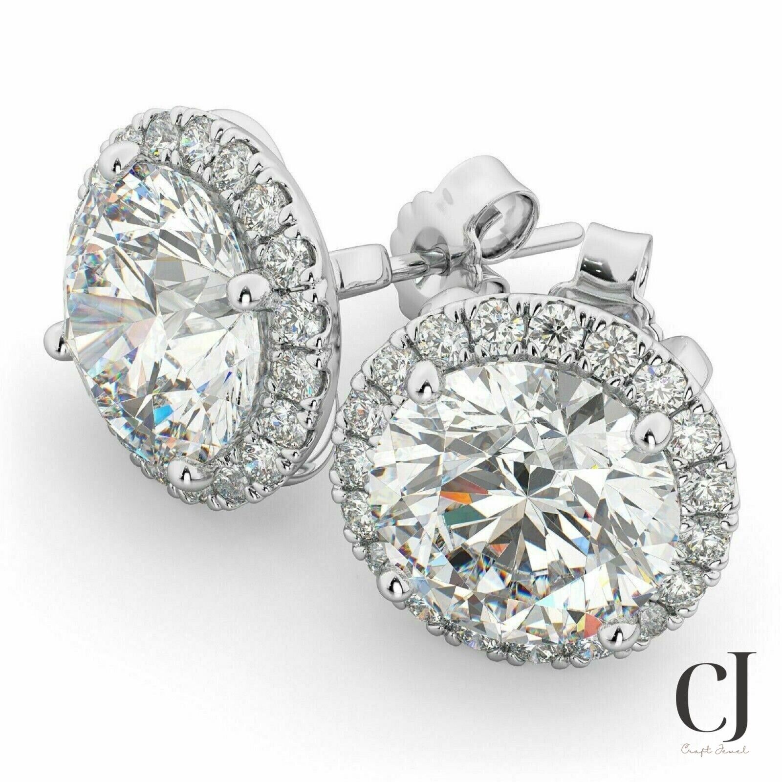 Solid 14K White Gold 3 Carat Round Cut Moissanite Halo Stud Earrings For Women