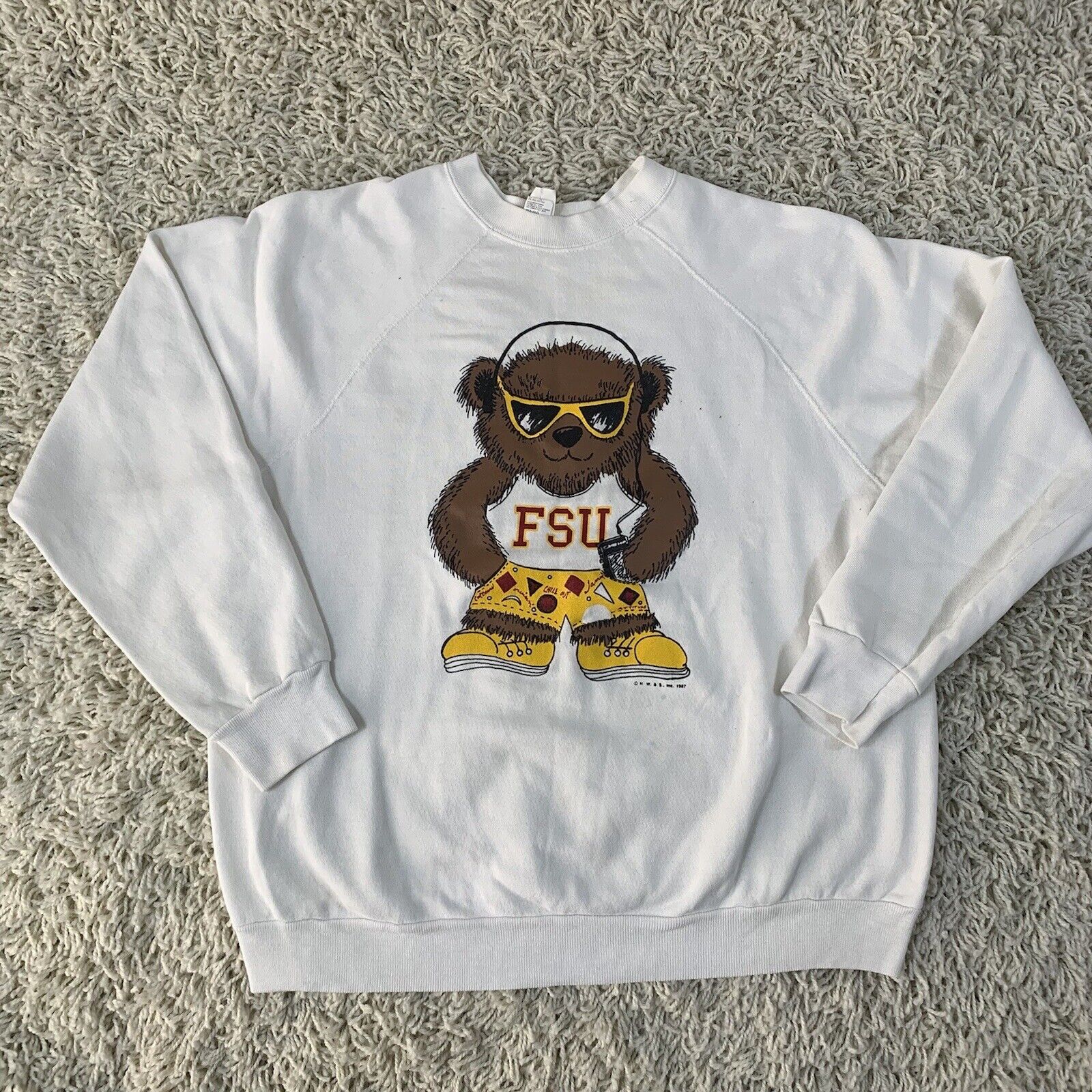 Vtg 80s Wolf FSU Bear White Pullover Sweatshirt XL