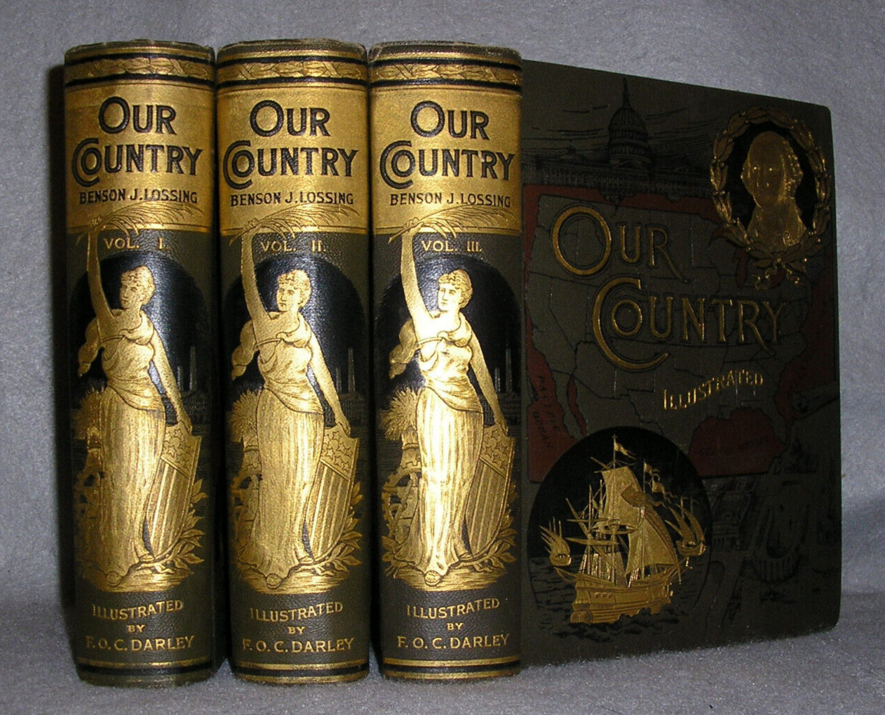 Antique Decorative History Books Our Country USA Revolution Civil War 3 vol 1888