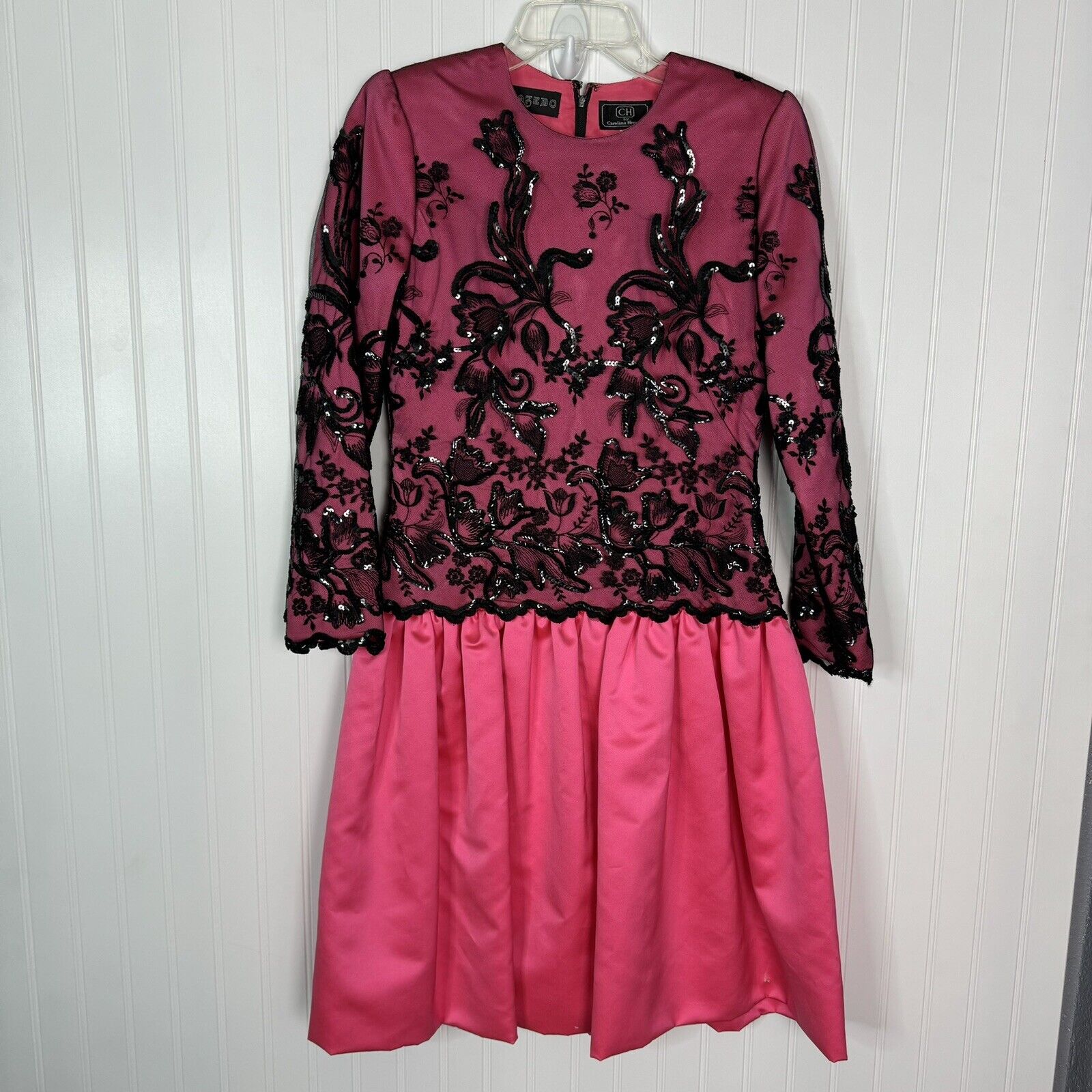 CH Carolina Herrera Dress 8 Vintage Pink Black Lace Sequins 80s Prom Party Mesh