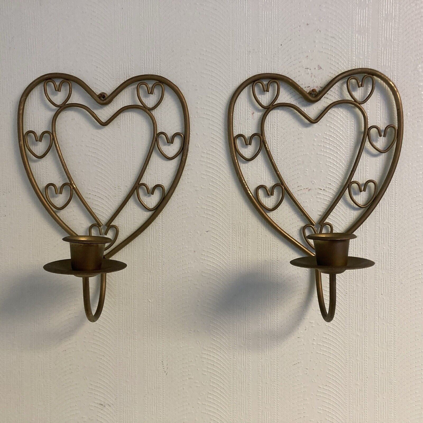 Vintage Pair Brass Heart Shaped Wall Sconce Candle Holder Decor Set Valentine’s