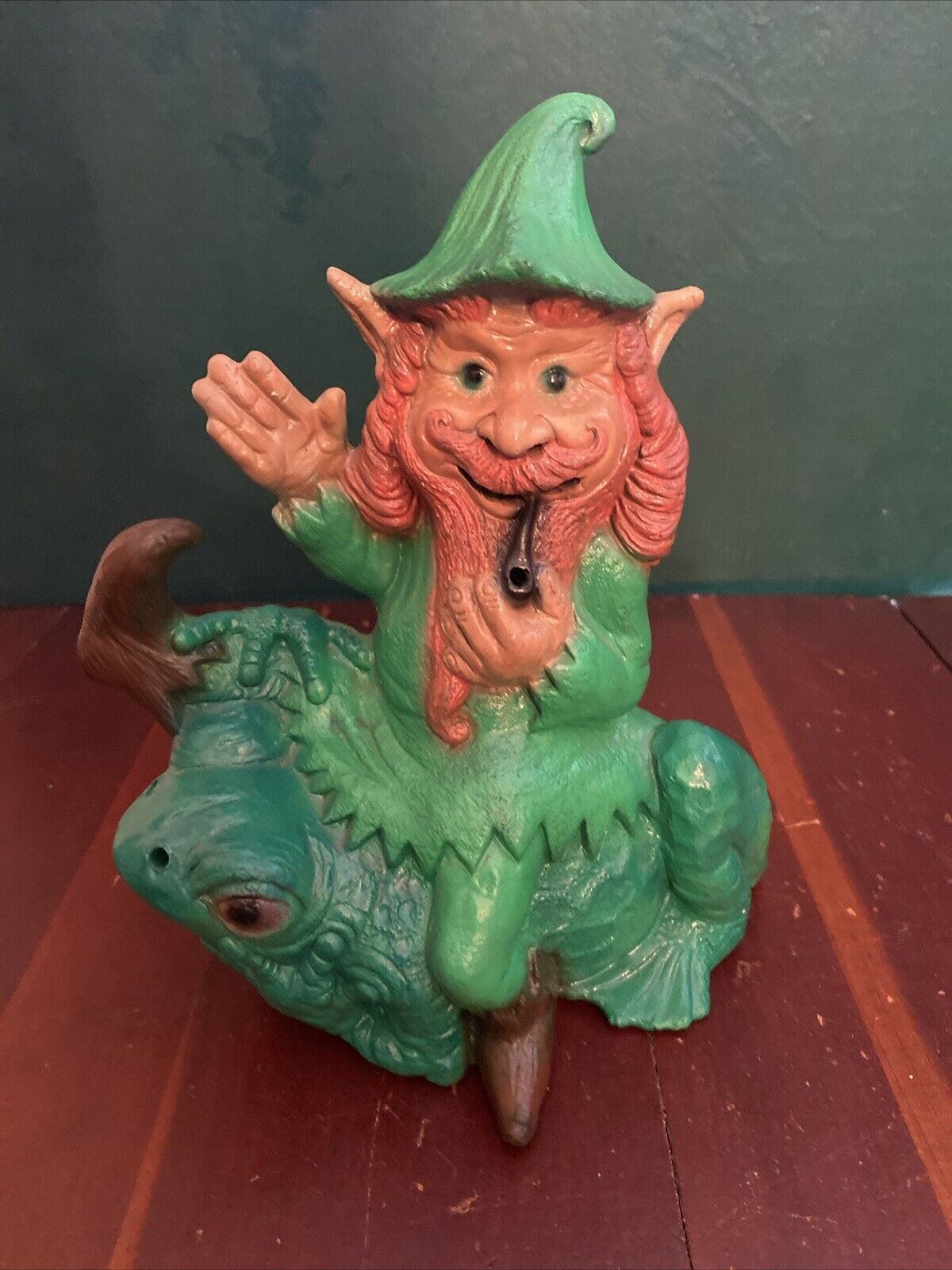 Vtg St Patrick’s Day Green Leprechaun Smoking Pipe Sitting On Frog SMALL CHIP