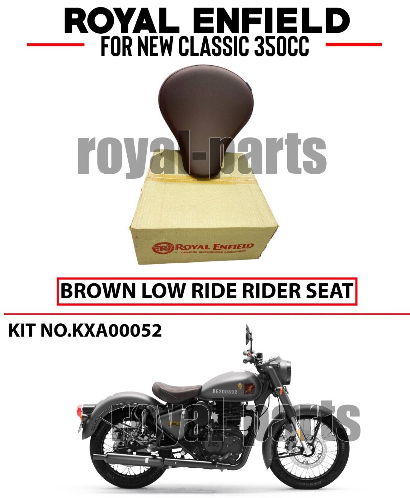 Royal Enfield \'\'BROWN LOW RIDE RIDER SEAT\'\' For NEW CLASSIC REBORN 350cc.