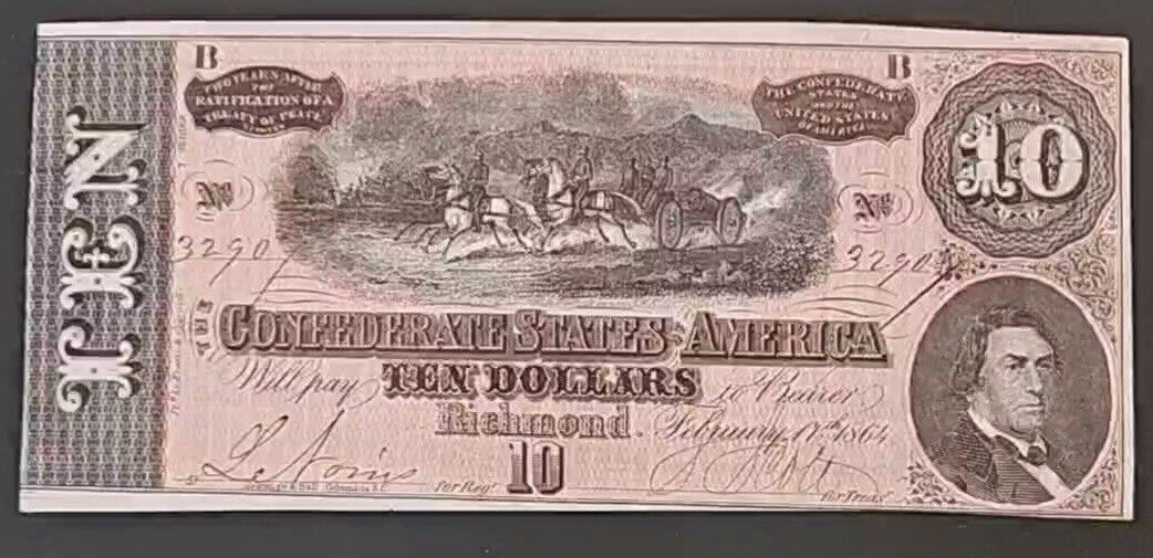 1864 $10 Confederate States Of America W/confederate Poem  UNC-CU Details 