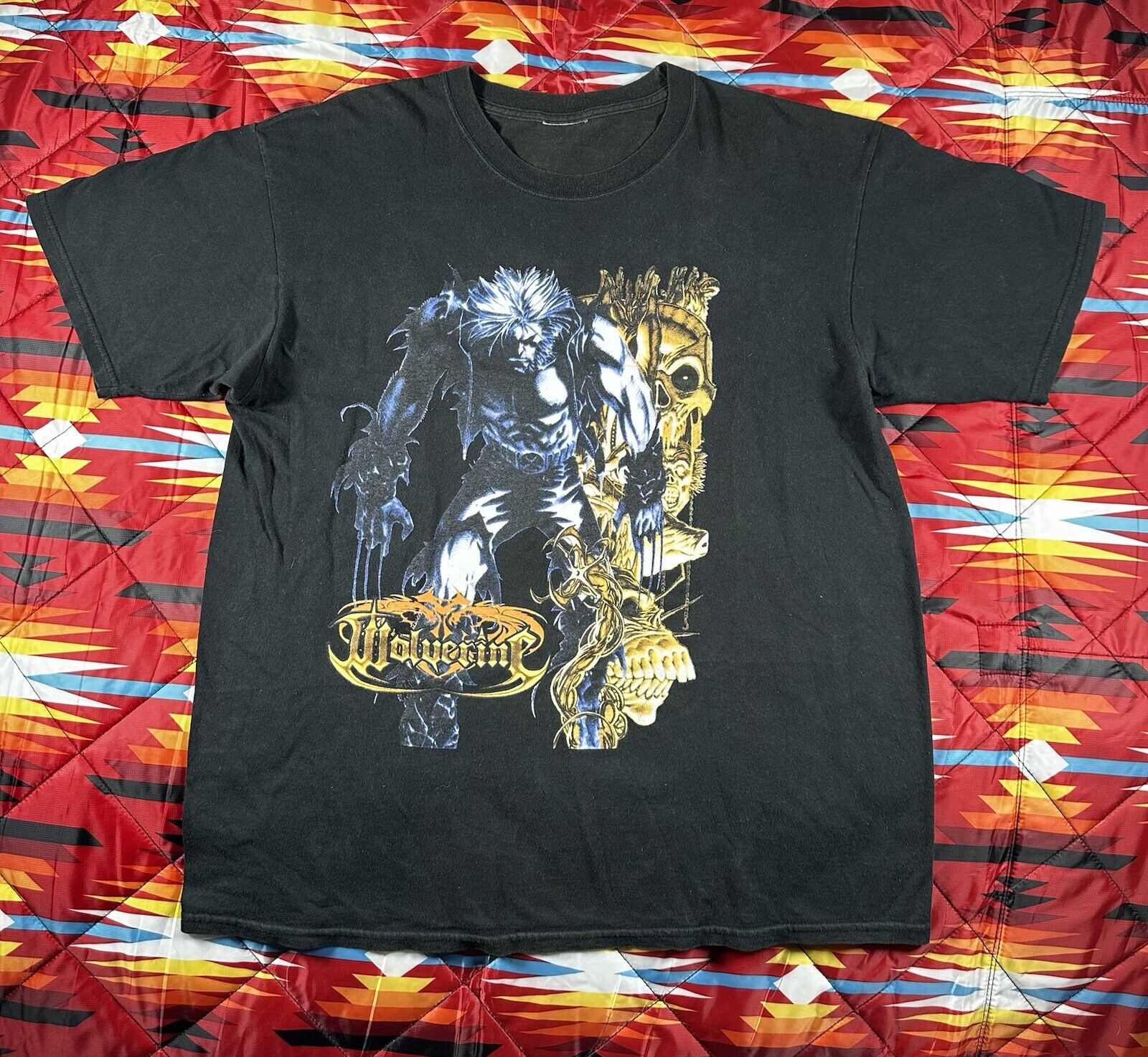 Vintage Wolverine Marvel Comics T Shirt Rare Black Short Sleeve HTF Gold Skulls