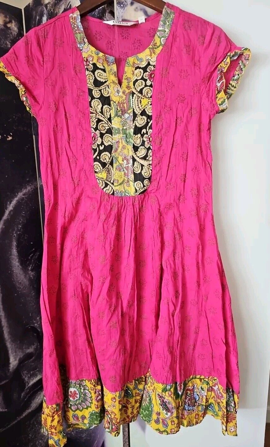 Biba Women\'s Dress Size 32 Pink Gold Floral Trim Short Sleeves Tunic Dress