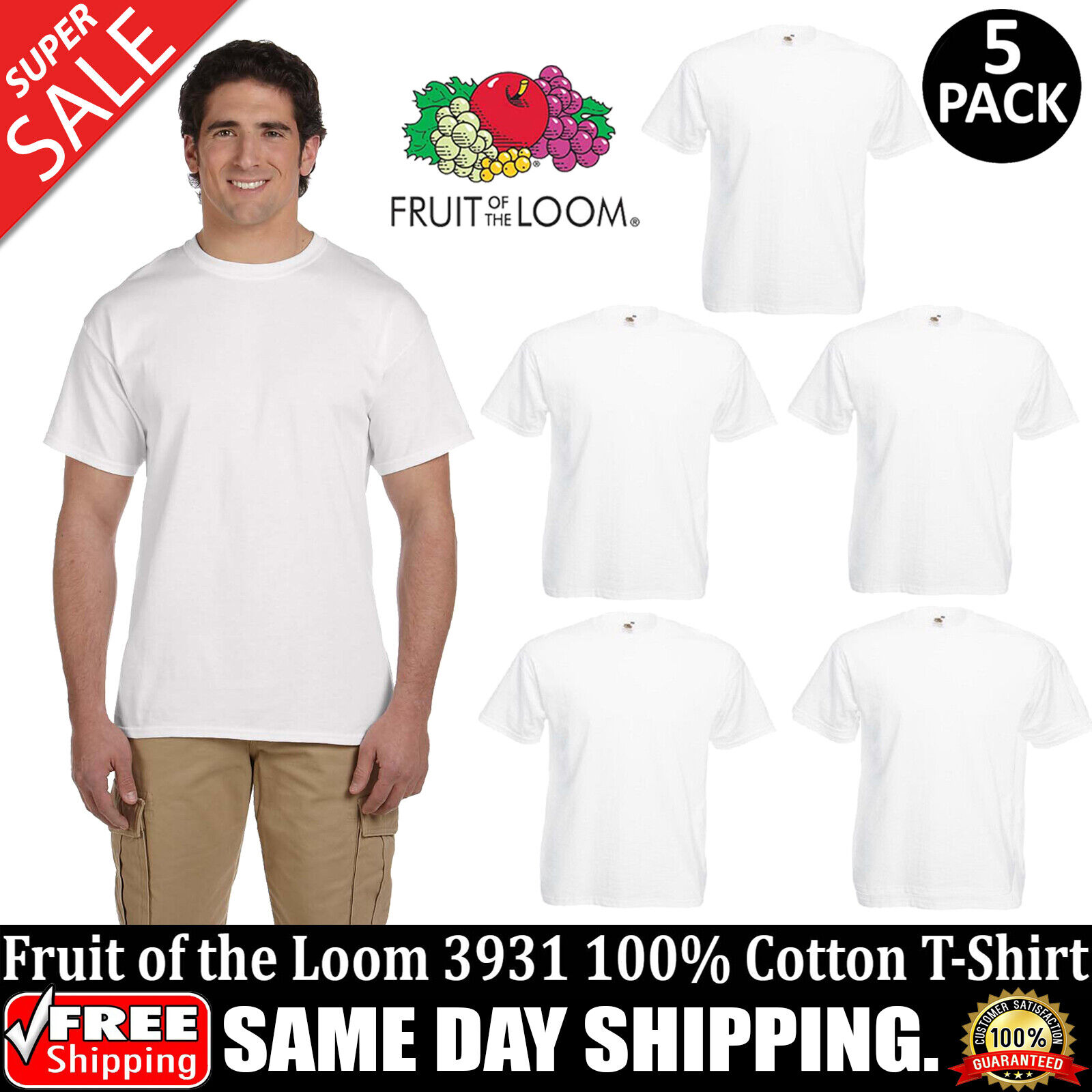 5 PACK OF FRUIT OF THE LOOM Adult HD Cotton T-Shirt Blank T Shirt 3931 S-6XL