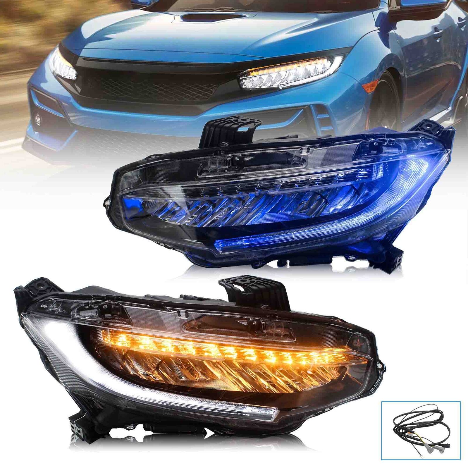 LED Project Headlights For 2016-21 2008 Honda Civic 10Th GEN Blue DRL Animation