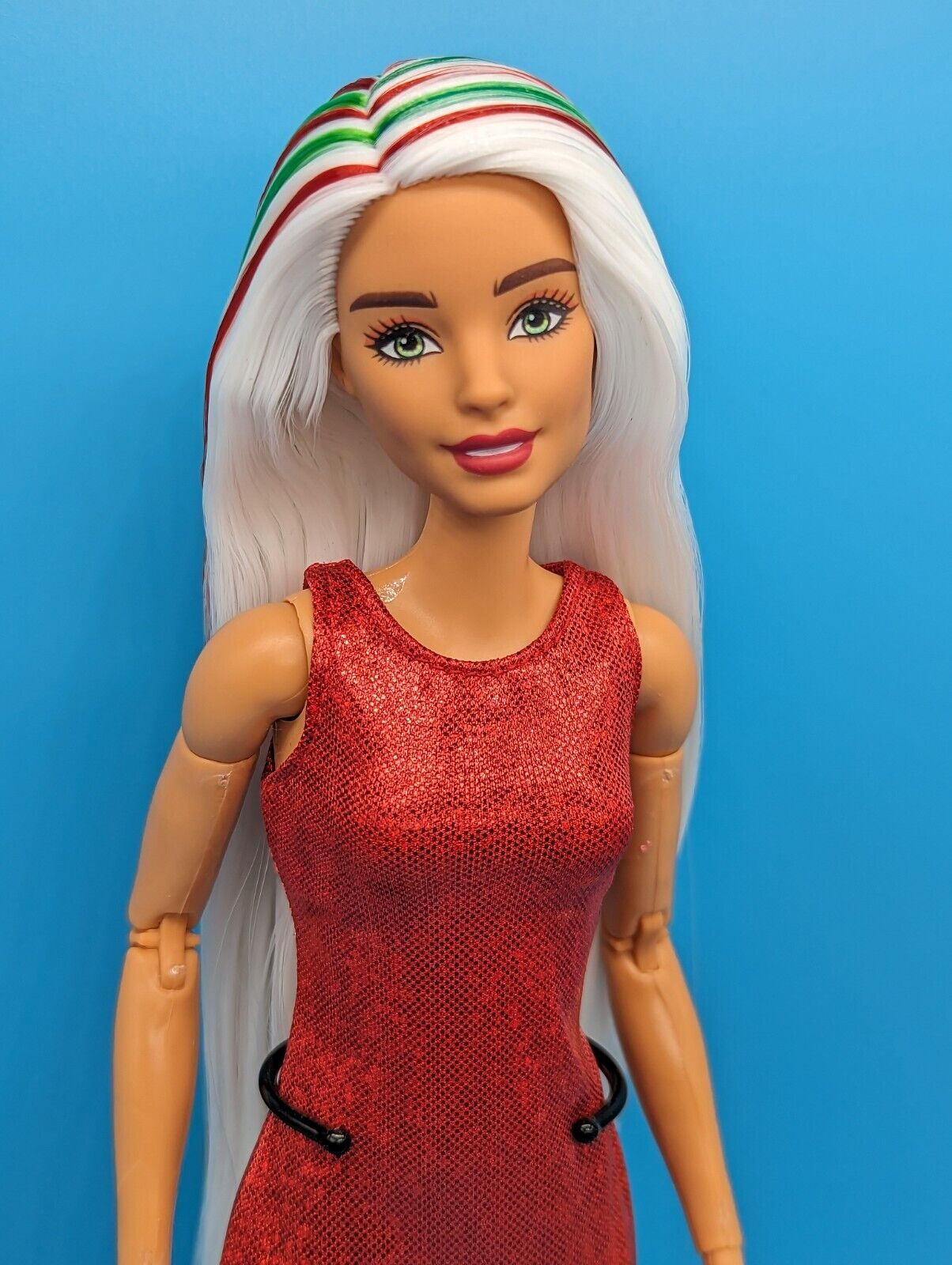 OOAK Custom Reroot Barbie Fashionista Doll 121 Long White Green Red Hair Holiday