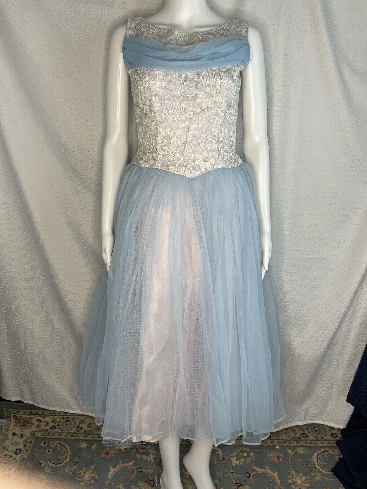Vintage 1960s Party Prom Dress Blue Small Tea Length