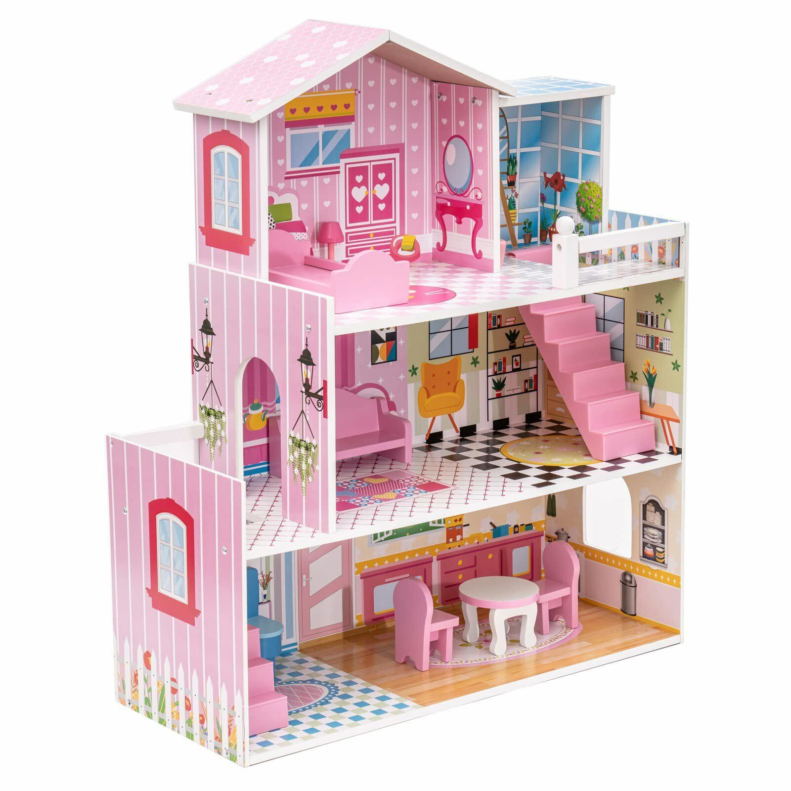 Wooden Dollhouse Wood Doll House w/Furniture Accessories for Girls Playset