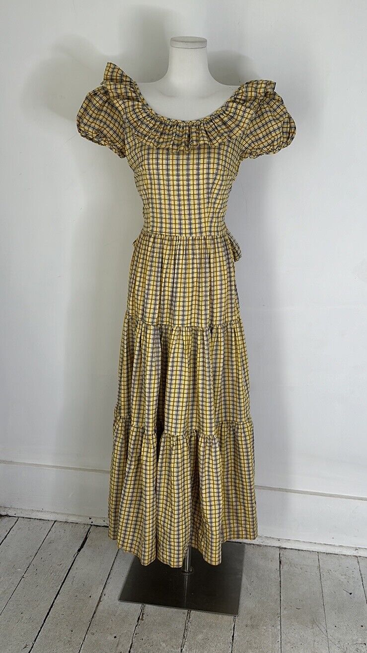 Vintage 40s Myra Kay Plaid Yellow Ruffle Dress 