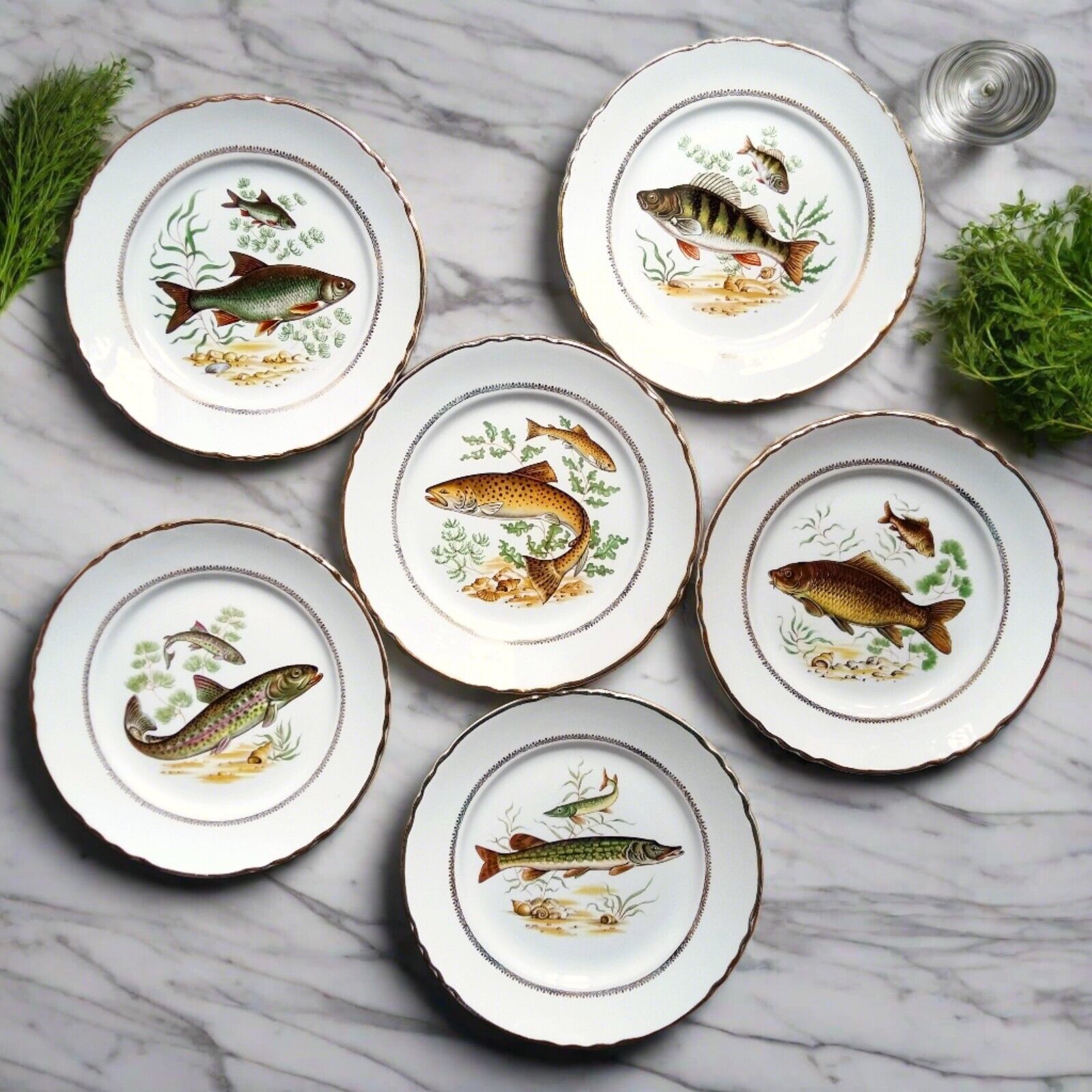 Six Vintage Fish Plates by Moulin des Loups. French Fish Dinnerware Set.