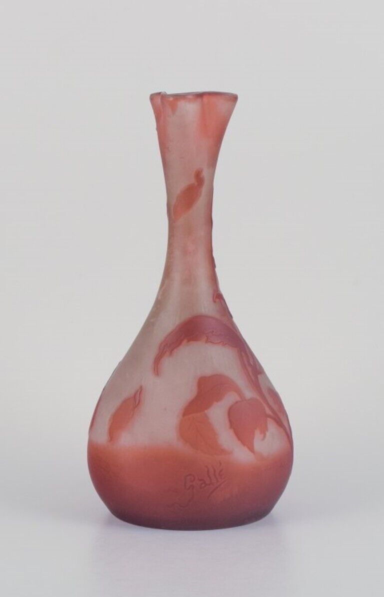 Emile Gallé. Rare, early art glass vase decorated with flowers in orange/red