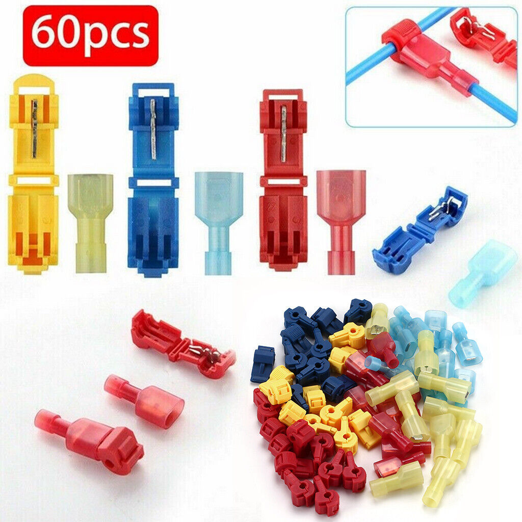 60Pcs 22-10 AWG Insulated T-Taps Quick Splice Wire Terminal Connectors Combo Kit