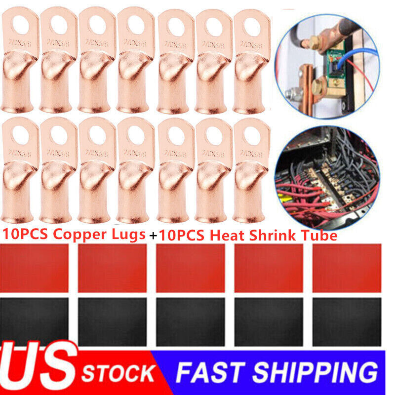 20x 2/0 AWG Gauge Copper Lugs w/ BLACK & RED Heat Shrink End Ring Terminals Wire