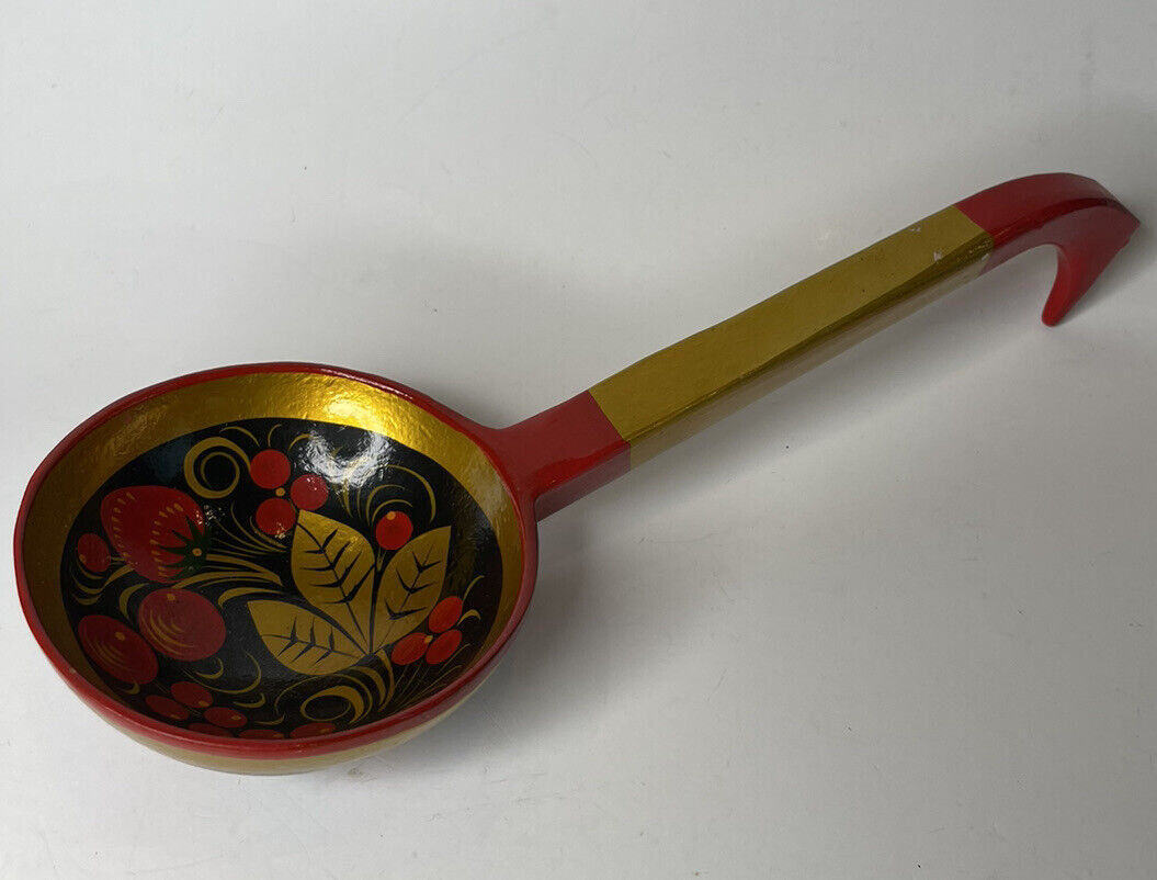 Vintage Russian Wood Art Hand Painted Berry HOHLOMA KHOKHLOMA Ladle Large Spoon