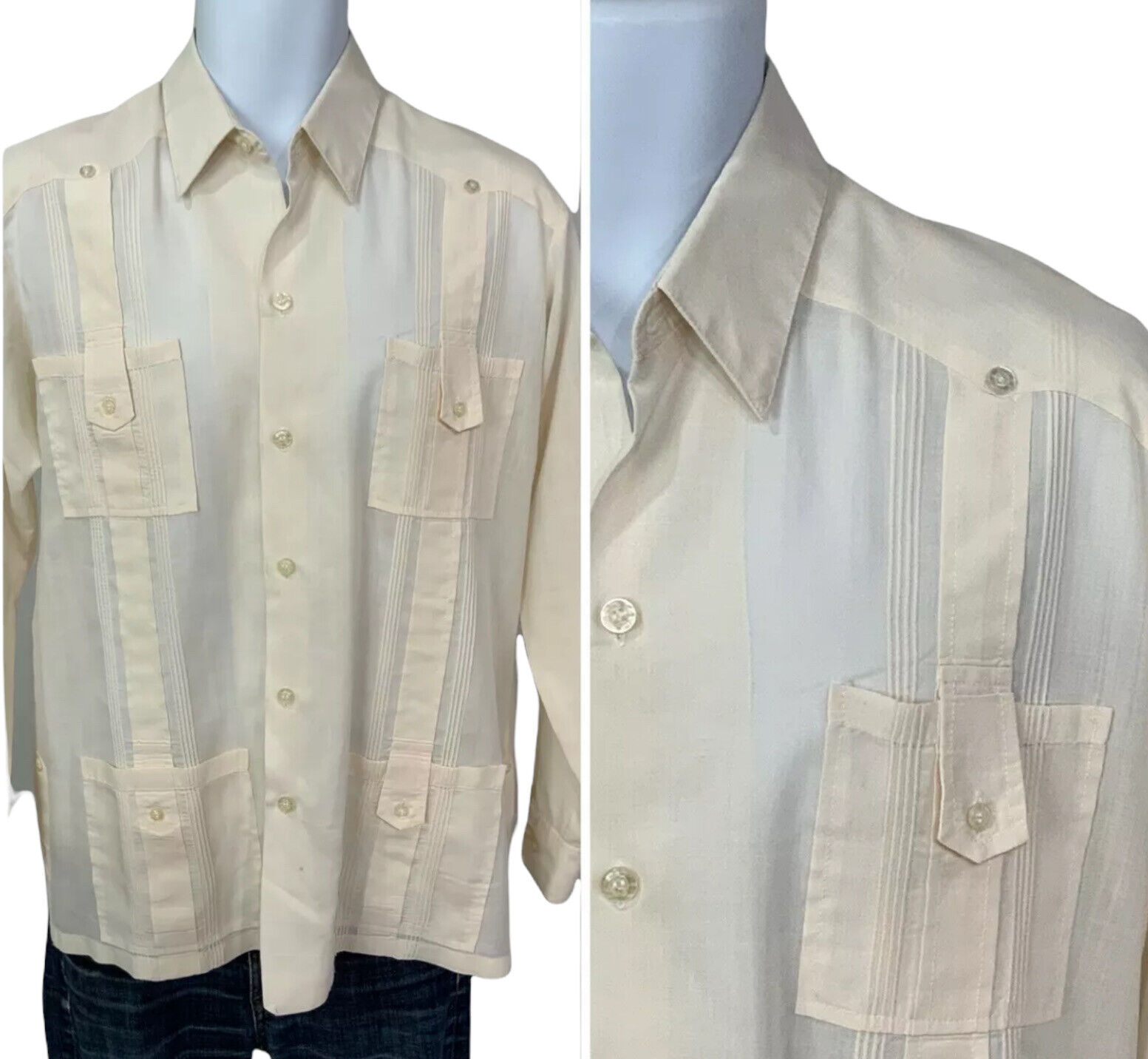 Vintage 60s Guayabera Shirt Ivory Shirt Pockets Long Sleeve Mexico Linen Blend L