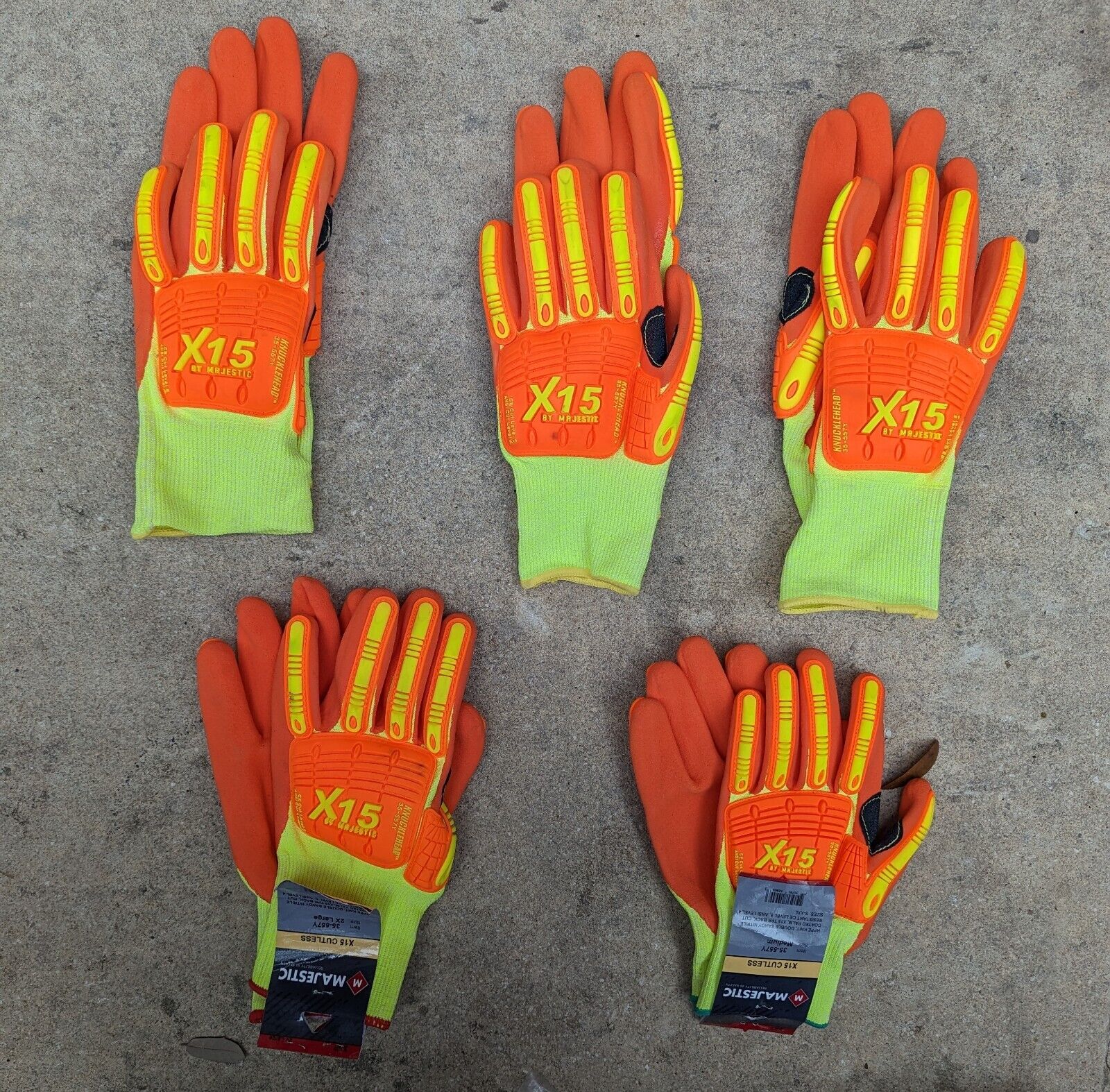 5 PAIR Majestic X15 Knucklehead Cut Res. Level 5 Gloves 35-557Y, 1-2x, 1-M, 3-L.