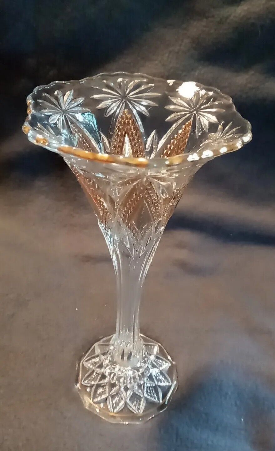 Antiq Early APGV American Pressed Glass Trumpet Vase W Diamonds,Starbusts. Uniq.