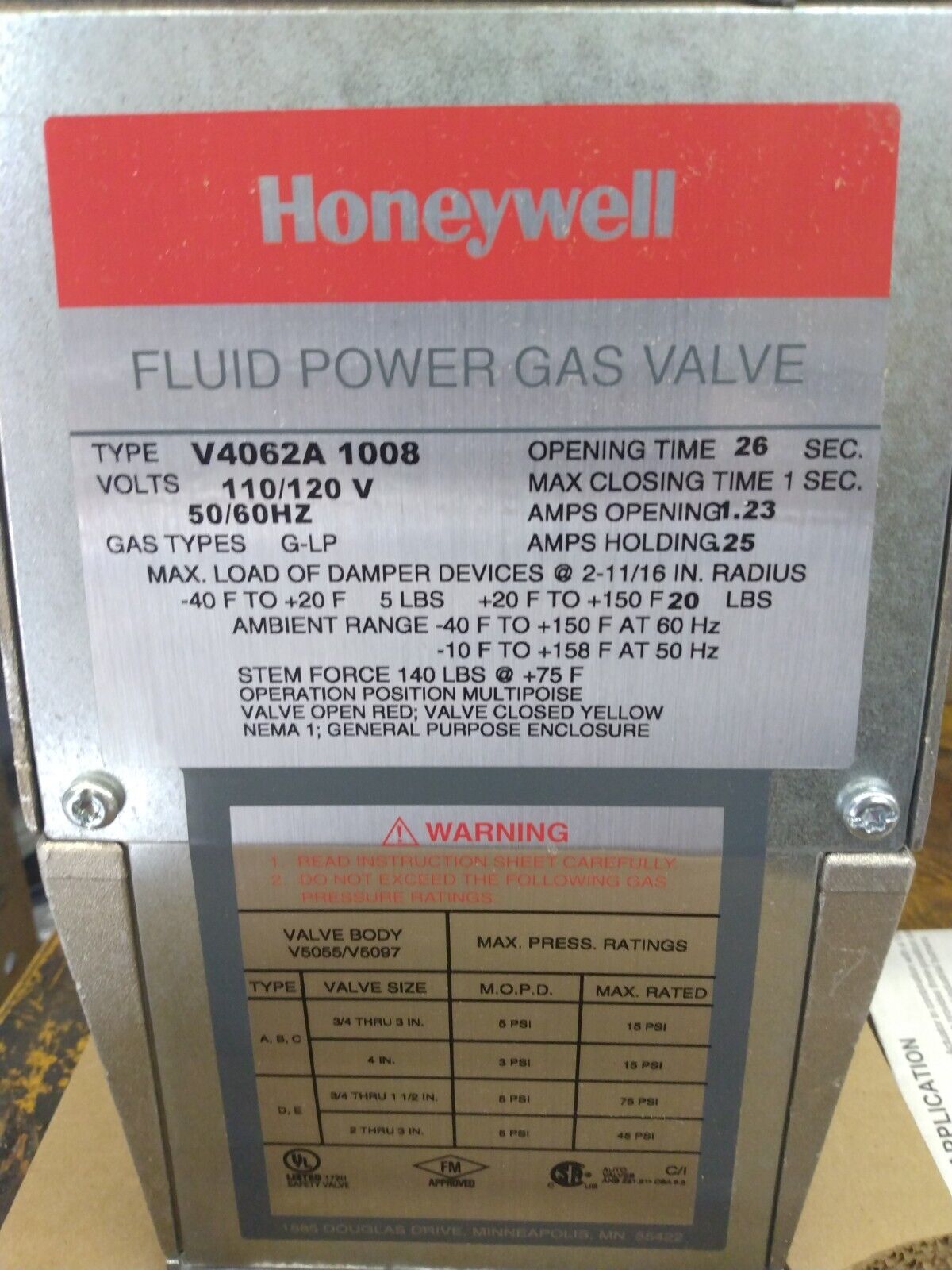honeywell #v4062A 1008 Fluid Power Gas Valve