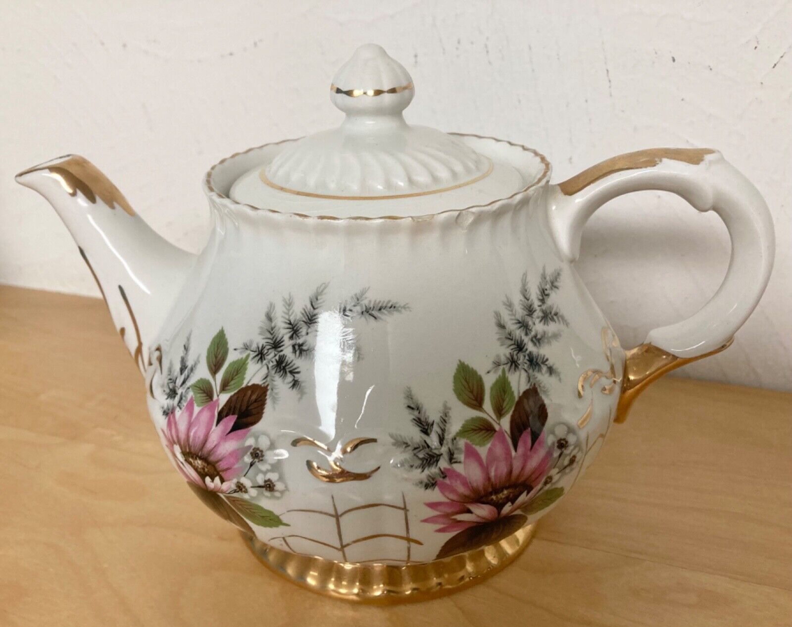 Vintage Ellgreave England Ironstone Teapot #117 Pink Flowers White Gild Trim