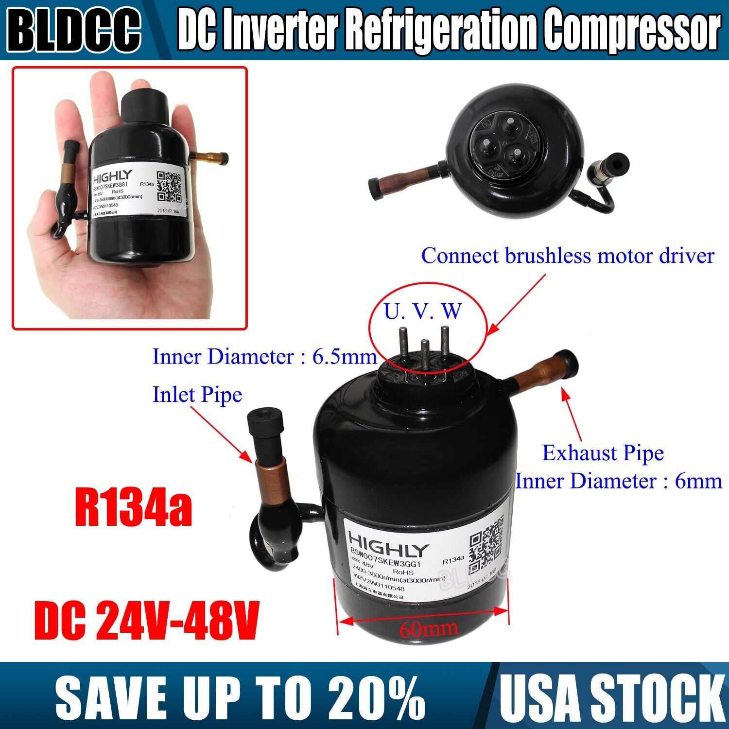 DC24V 36V 48V Quiet Portable R134a Refrigeration Inverter Compressor for Cooling
