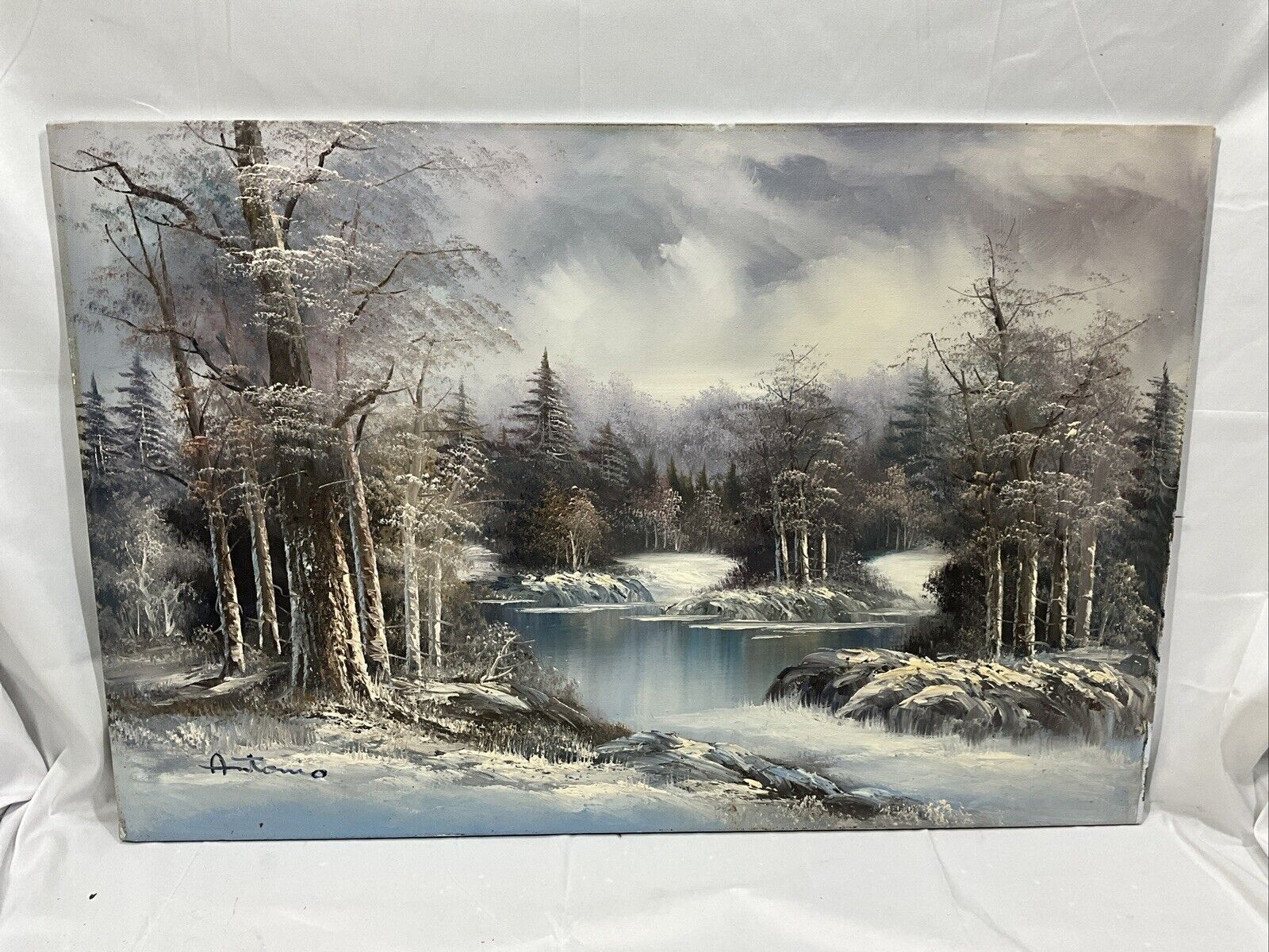 Fine Vintage Oil Painting On Canvas Artist Signed- Antonio- Winter Landscape