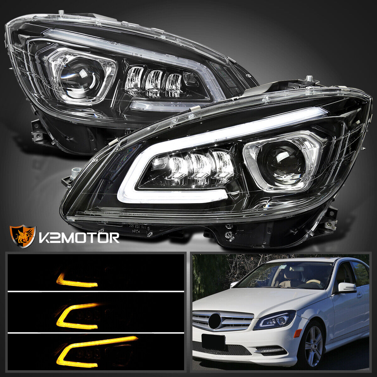 Fits Black 2008-2011 Benz W204 C-Class Full LED Sequential Projector Headlights