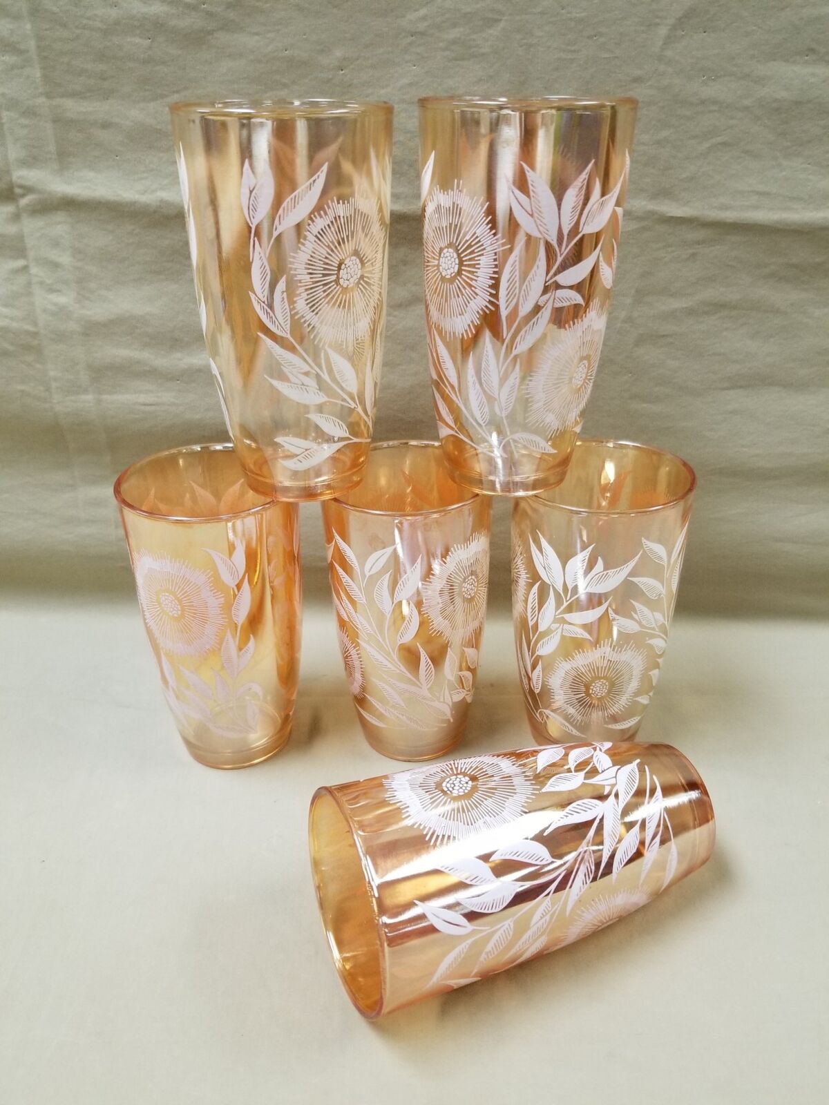 Set of 6 Vintage Jeannette Carnival Glass Co Cosmos Pattern Iridescent Tumblers